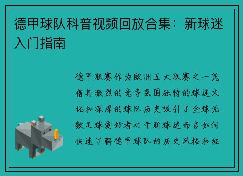 德甲球队科普视频回放合集：新球迷入门指南