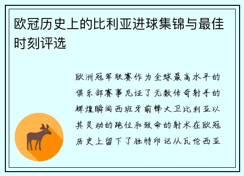 欧冠历史上的比利亚进球集锦与最佳时刻评选
