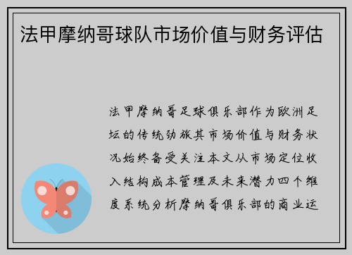 法甲摩纳哥球队市场价值与财务评估